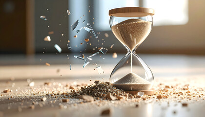 Broken hourglass with shattered glass pieces and spilled sand, representing lost time, urgency, fragility, and the unstoppable passage of moments in a dramatic indoor scene.
