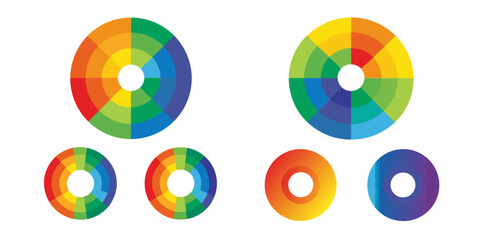 Colorful concentric circles and solid colored circles arranged on a white background