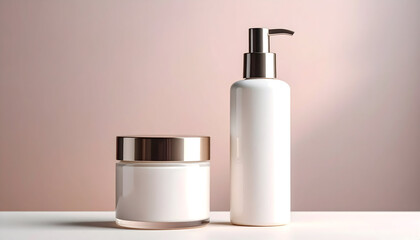 Minimal cosmetic packaging including a pump bottle and cream jar on a pastel background, perfect for luxury skincare branding and modern product mockups.