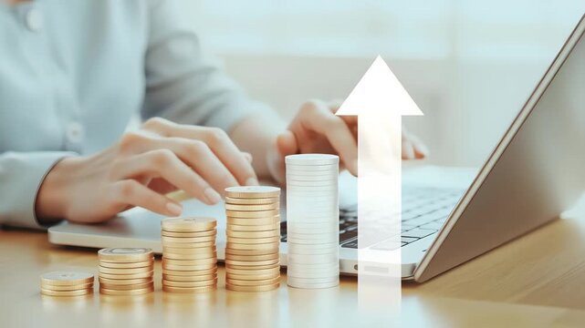 Woman typing on laptop with stacks of coins and upward arrow overlayed
