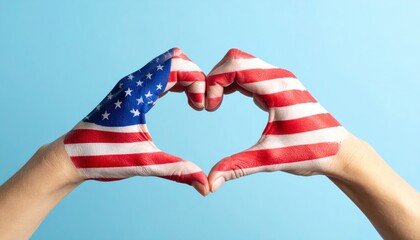 Hands painted with USA flag pattern forming a heart shape isolated on blue background. Patriotic concept