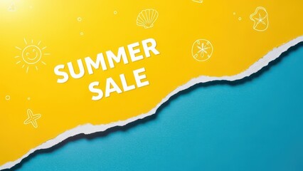 Summer sale promotional banner with torn yellow paper over blue background and hand drawn beach icons
