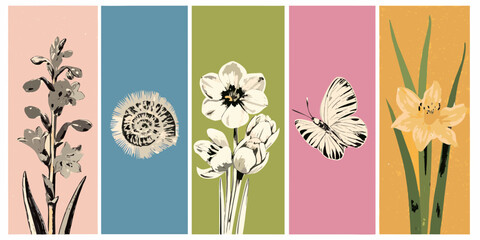 Colorful botanical illustration featuring flowers a fern a butterfly and spiral designs © Bibhas