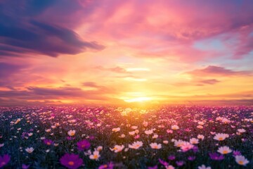 A vibrant field of flowers bathed in the warm hues of a setting sun, with a solitary figure standing amidst the blooms, their silhouette stark against the colorful backdrop.