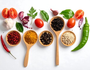 Overhead shot displays diverse, colorful spices and fresh produce on white backdrop, some in wooden bowls and spoons