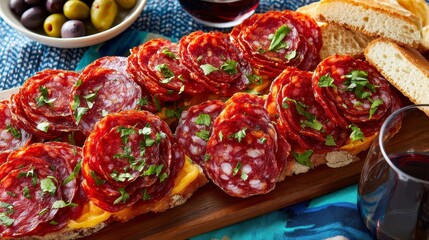 Fototapeta premium Chorizo Tapas Appetizer: Bread, Olives, Wine & Cheese