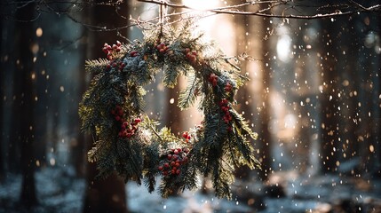 Christmas wreath in a winter forest, hanging on a dead branch, pine needles with red berries, snowflakes falling, sunlight penetrating the trees