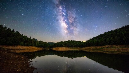 Breathtaking view of Milky Way galaxy stars reflecting on calm lake water surrounded by forest silhouette. Nature concept