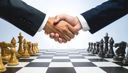 Two business people shaking hands over chess board with pieces before starting the game. Business strategy concept