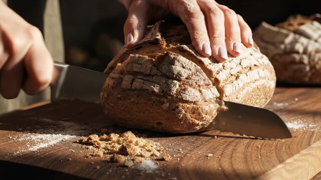Person slicing crusty bread on wooden board