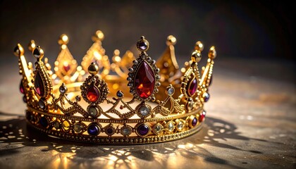 Luxurious golden royal crown encrusted with precious red and blue gemstones on dark background. Royalty concept