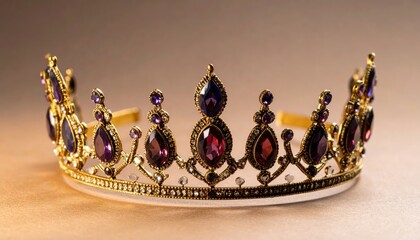 Luxurious golden royal crown encrusted with precious red and blue gemstones on dark background. Royalty concept