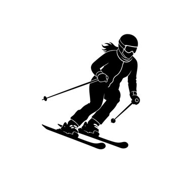Dynamic female skier carving a turn while downhill skiing, isolated white background.