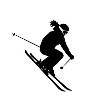 Energetic female skier jumping in dynamic downhill action, isolated white background.
