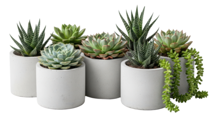 Small decorative succulent plants in concrete pots arranged in a group isolated on white background
