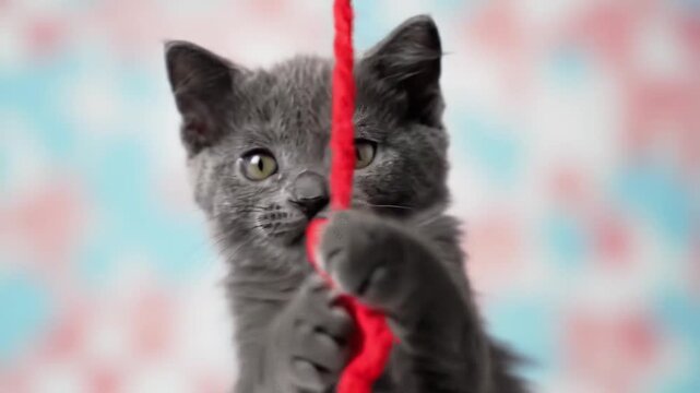 Adorable Fluffy Gray Kitten Playing with a Red String.
