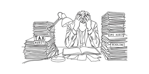 Continuous line drawing of stressed businessman overwhelmed by tax audit and deadlines.
