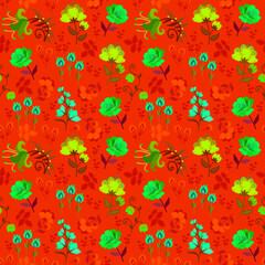 Bright green and emerald embroidered flowers on a complex orange background in vector. Seamless print for fabric. Floral embroidery pattern.