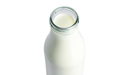 Fresh white liquid beverage in glass bottle, isolated against black background in an overhead, minimalist composition