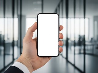 Title: Hand holding a modern smartphone with a blank white screen mockup in a corporate office setting.