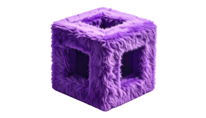 A fluffy, cube-shaped object in a vibrant shade of purple, with holes cut out on each side. The texture is soft