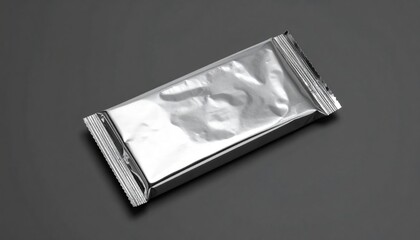 A shiny silver packet lies on a dark surface, reflecting light