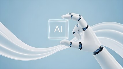 Artificial Intelligence Concept with Robotic Hand Holding AI Hologram