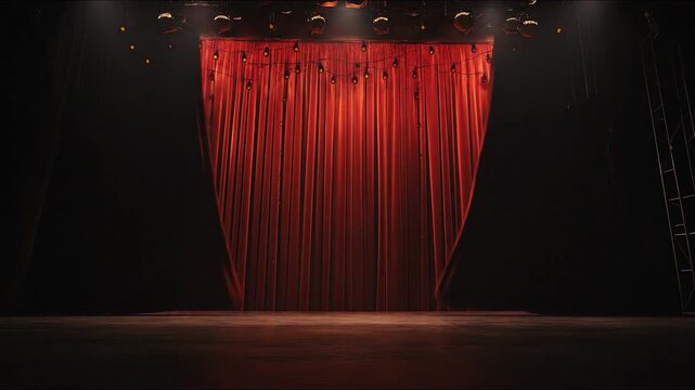 Spotlight Ready Dramatic Red Curtains  Warm String Lights on Stage.