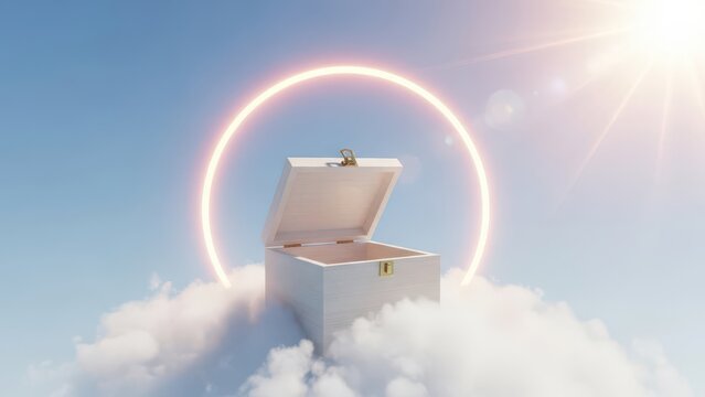Dreamy wooden treasure box opened on white clouds with glowing neon ring and bright sun in blue sky.