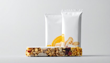 Energy bar with ingredients against two white, blank packaging pouches