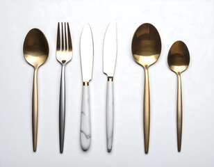 Overhead shot displays six pieces of metallic flatware. Two spoons are golden, a fork is silver, two knives have marble-like handles, and a smaller golden spoon