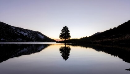 Silhouette of solitary pine tree reflecting on calm lake water between mountains at dusk. Nature concept