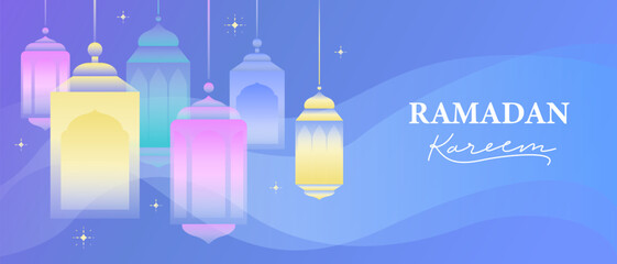 
Ramadan Kareem colorful background composition with lanterns. Islam design elements. Holy month greetings.
