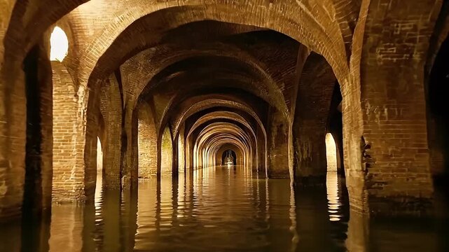 Ancient Underground Cistern With Arched Brickwork and Reflective Water Lined With Pillars Illuminated by Soft Golden Light Creating a Mysterious and Historic Ambiance