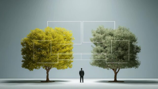A solitary man in a suit faces two trees with abstract digital branches, representing crossroads and important decisions. The image conveys innovation, leadership, and analytical thinking