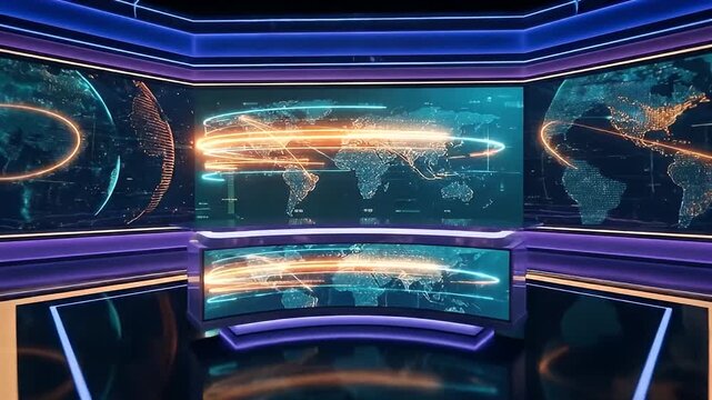 High-Tech Global News Studio with Large Screens Displaying World Maps and Data Streams Futuristic Broadcasting Environment with Blue and Orange Lighting Dynamic Earth Graphics 