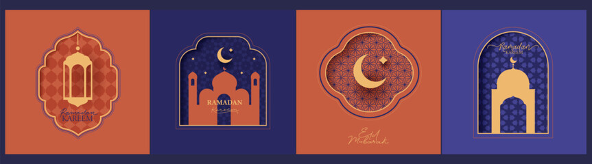 Islamic, oriental frame, silhouette. Paper cut style. Geometric arabian backgrounds. Ramadan Kareem concept. Mosque, moon, stars, lantern, ornaments, patterns, calligraphic sign.  