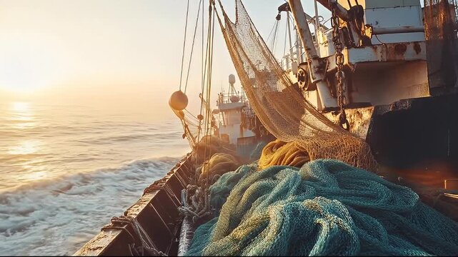 Fishing Trawler Sailing at Sunrise Over Calm Ocean Waters With Nets and Ropes in Foreground During Golden Hour Light