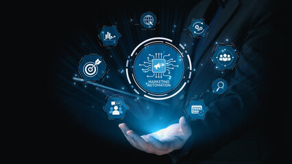 Marketing automation diagram showcase AI-driven campaign workflow, highlight marketing automation, data-driven strategy, marketing automation tools, and market automation process in business. Elide