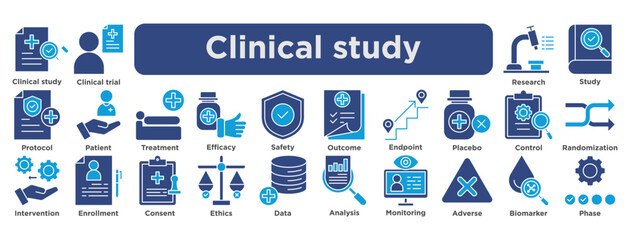 24 editable blue "Clinical Study" icons . Covers trial, protocol, patient, safety and data. Ideal for medical research presentations, reports, or educational materials. solid vector