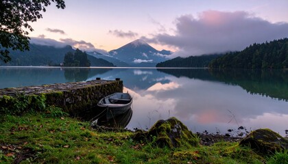 Small wooden rowboat tied to mossy pier on calm lake with majestic Mount Fuji view at sunrise. Travel concept