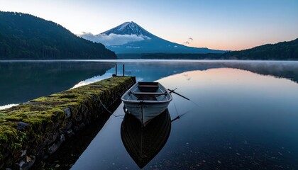 Small wooden rowboat tied to mossy pier on calm lake with majestic Mount Fuji view at sunrise. Travel concept