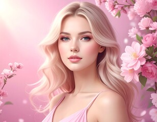 Fototapeta premium Portrait of a beautiful woman with wavy blonde hair and pink flowers