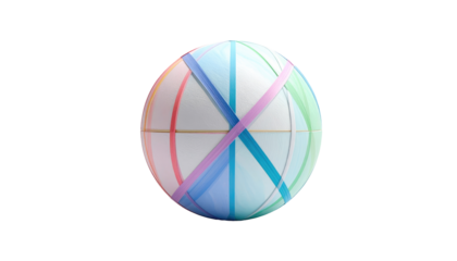 A translucent sphere is adorned with intersecting colored bands, creating a dynamic, geometric, and aesthetically pleasing abstract design against a black background