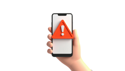 Cartoon hand holds phone with red warning symbol, on black background. Digital alert displayed for security