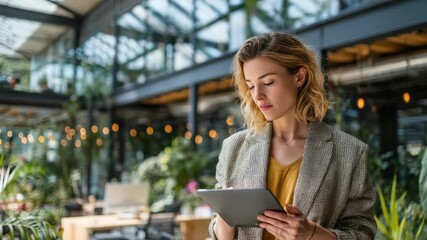 A stylish professional woman stands in a contemporary office filled with greenery, working on a tablet. The bright, eco friendly workspace highlights productivity and sustainable business trends