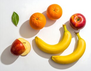 Overhead shot displays vibrant fruit oranges, apples (one halved), bananas and a single green leaf. The fruits create playful shadows on a bright white surface