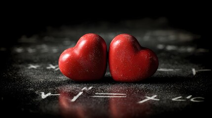 Two red hearts on blackboard with mathematical equations