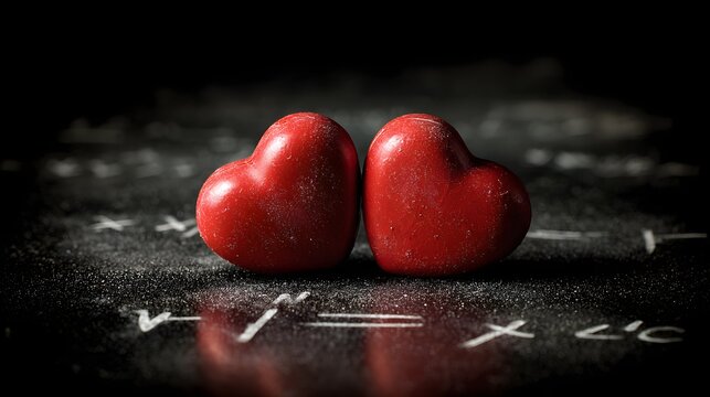 Two red hearts on blackboard with mathematical equations - Powered by Adobe