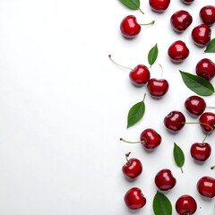 Overhead shot displays vibrant red stone fruits scattered alongside fresh green leaves on a plain white backdrop